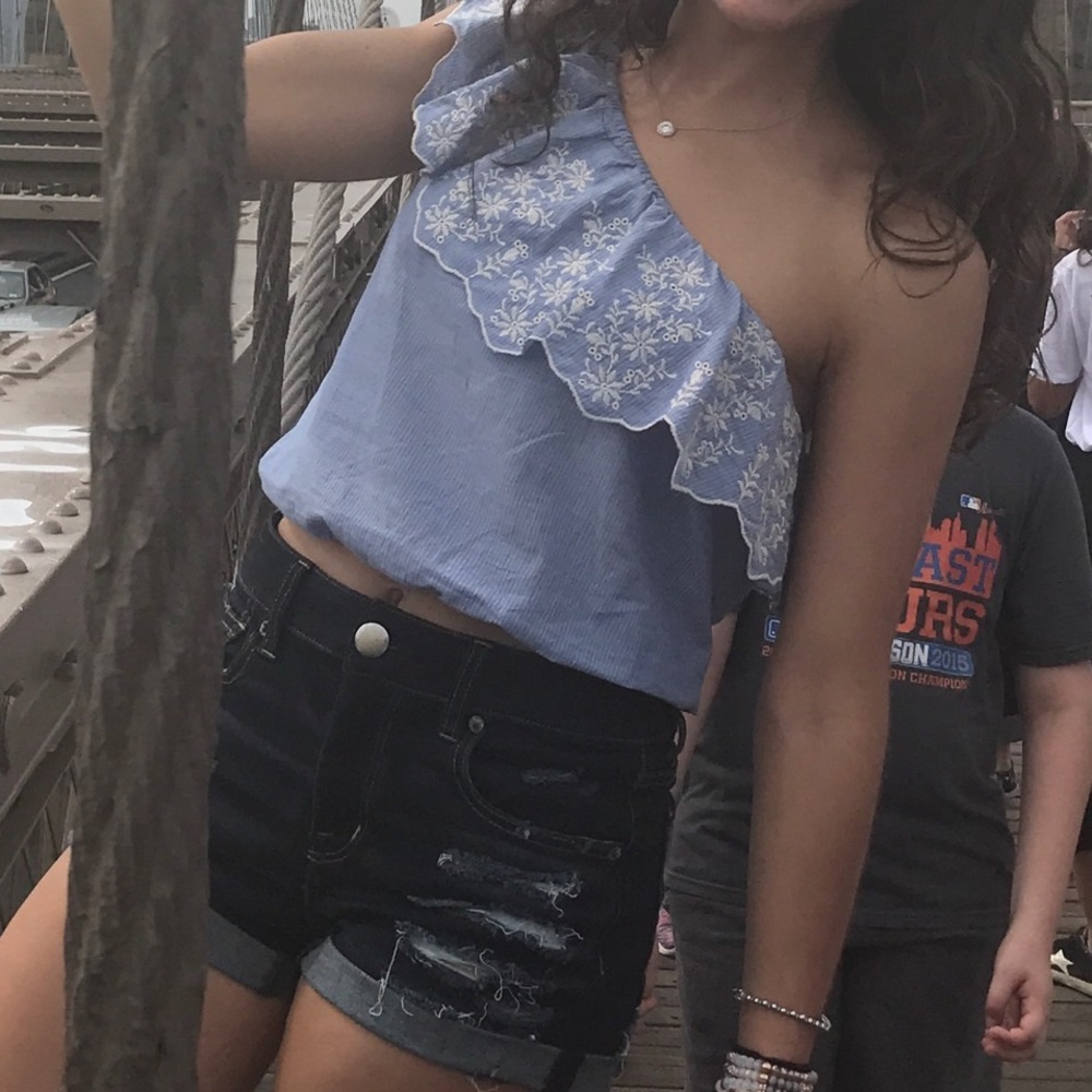 American Rag One Shoulder Ruffle Blue Crop Top - Picture 6 of 6